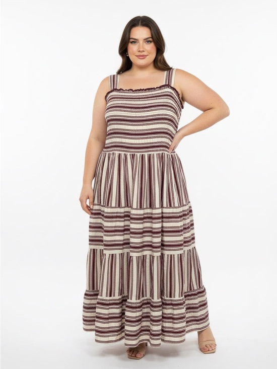 Terra & Sky Dresses & Skirts - Terra & Sky Striped Smocked Maxi Dress - Cream & Burgundy